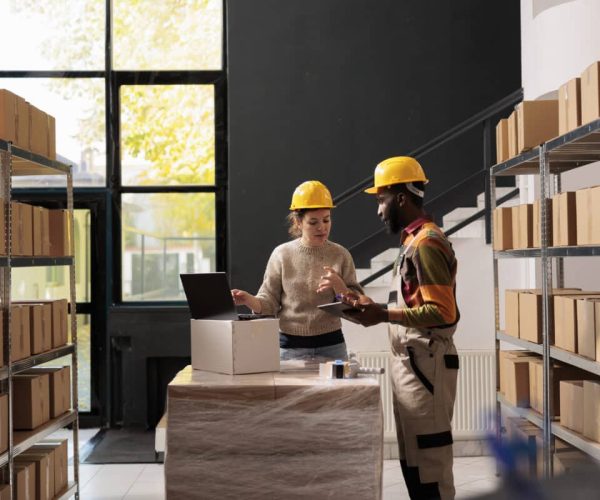 Diverse warehouse employee analyzing goods logistics on laptop computer, working at merchandise quality control report. Stockroom supervisors wearing protective overall and helmet preparing orders